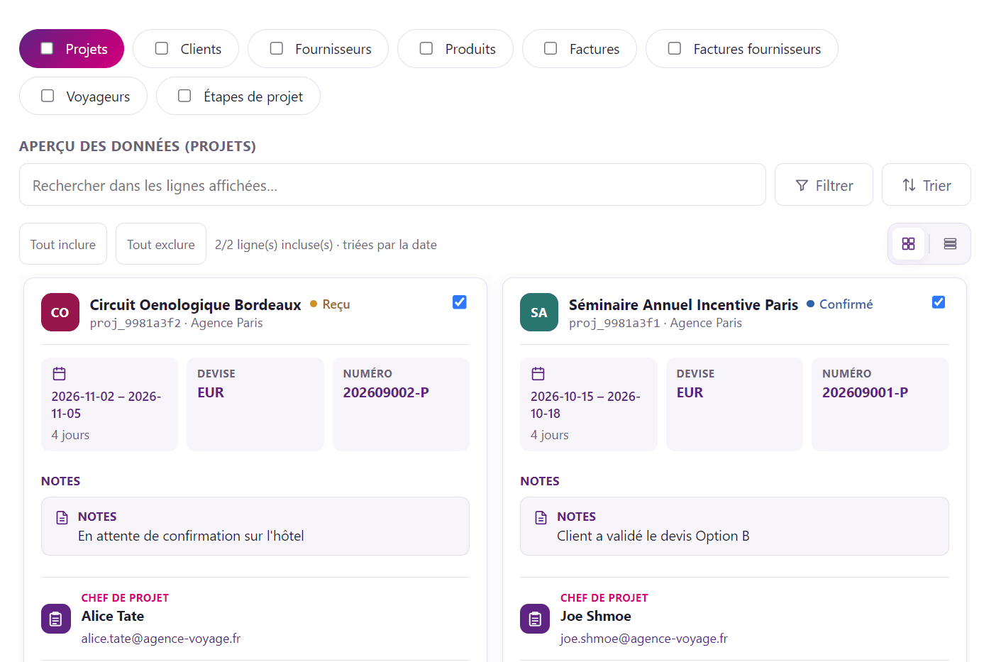 Capture du projet Export API Ezus