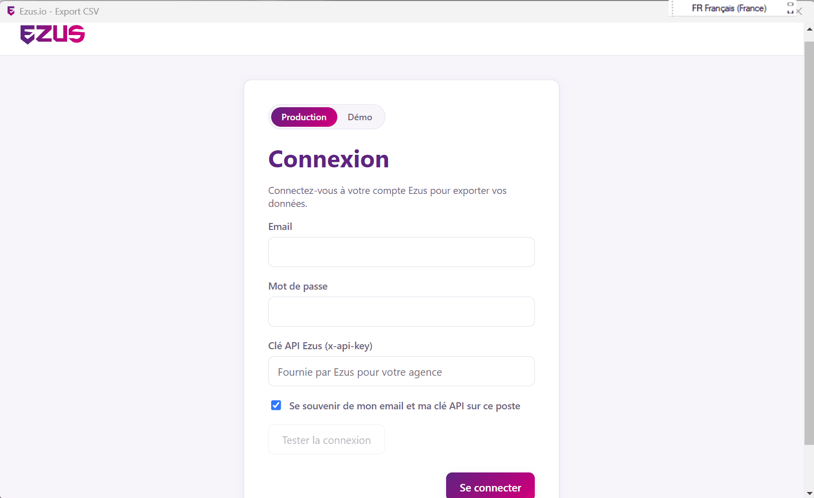 La connexion : email, mot de passe et clé API Ezus, avec un mode démonstration pour la prise en main hors connexion.