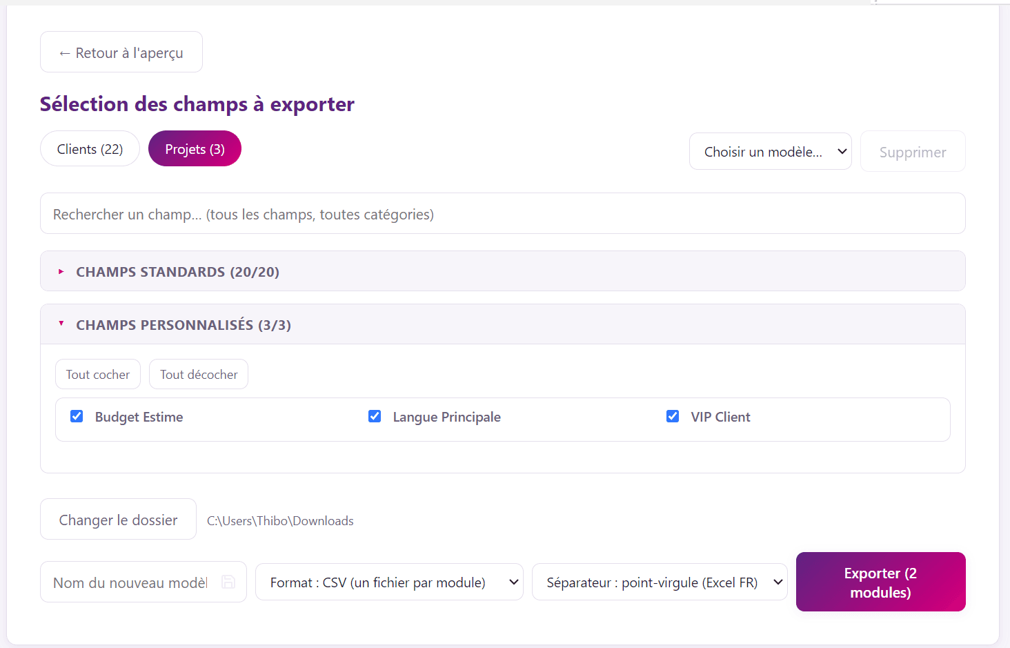 La sélection des champs à exporter : champs standards et champs personnalisés de l'agence, modèles réutilisables, format et séparateur au choix.