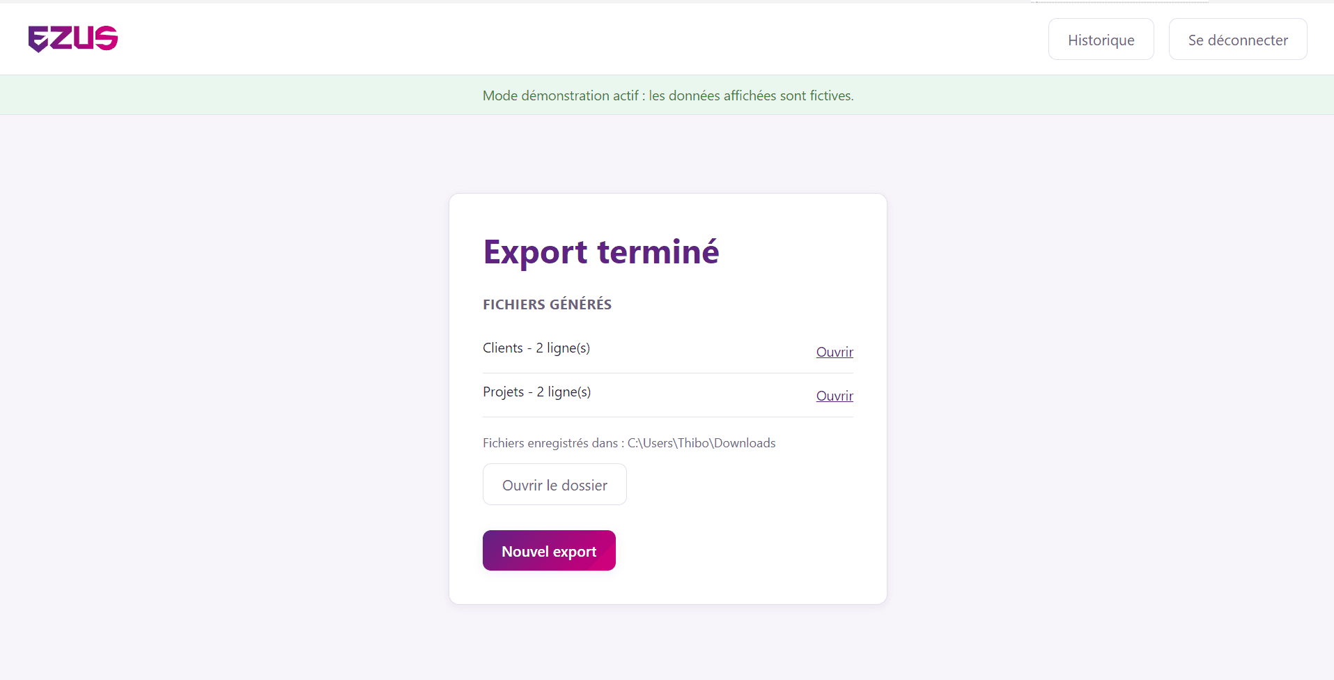 Fin d'export : un fichier par module, ouvrable directement, et l'historique des exports précédents.