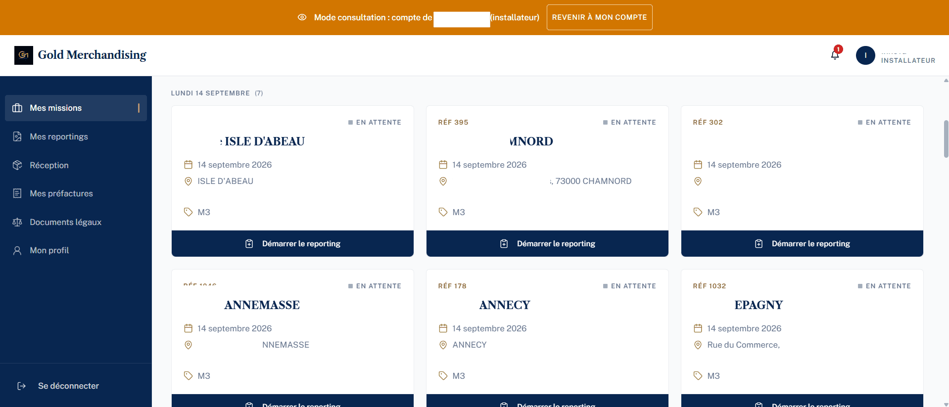 Vue installateur : chaque poseur ne voit que les missions de son équipe, jamais le listing global.