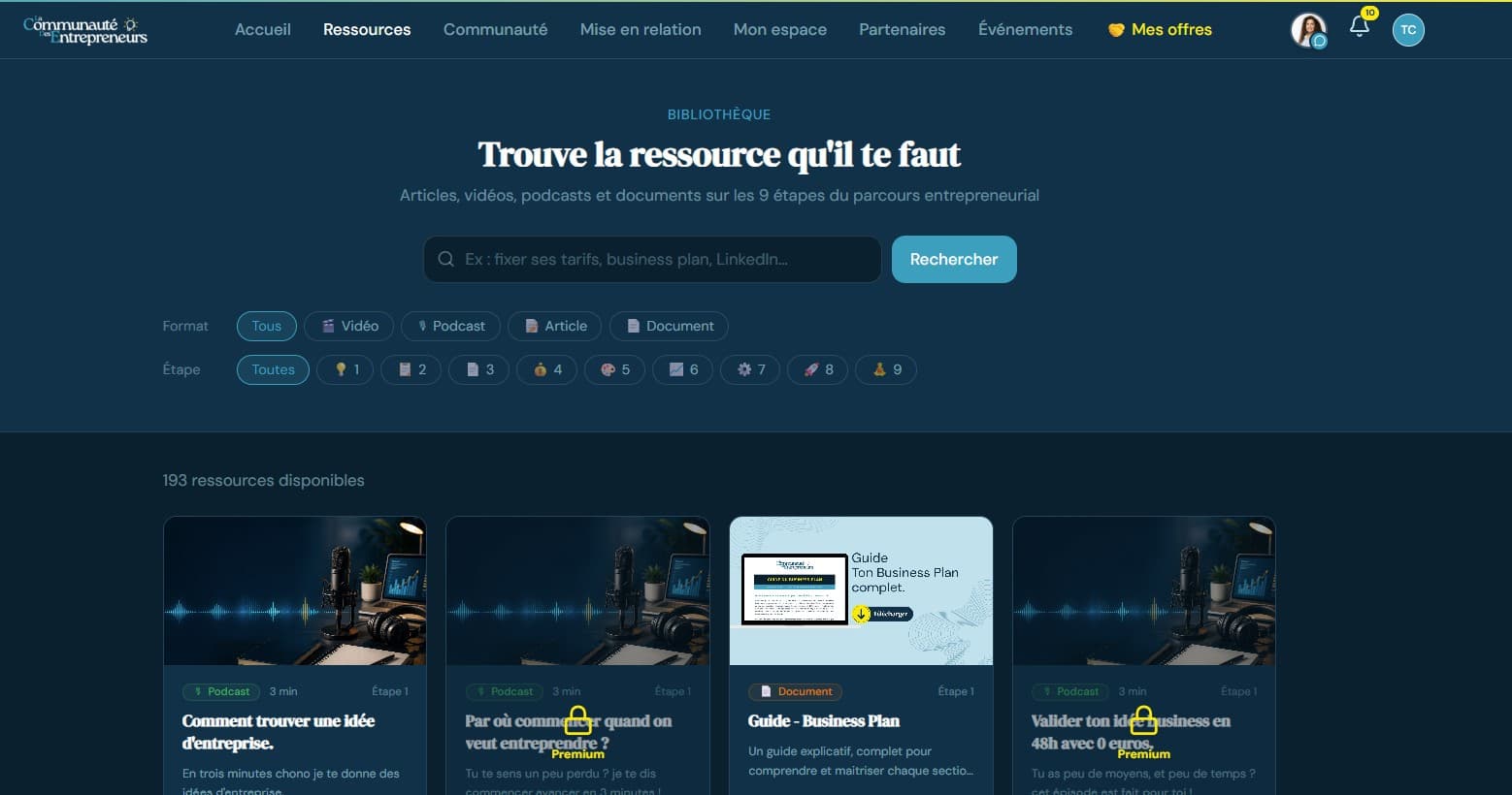 La bibliothèque de ressources : articles, vidéos, podcasts et documents indexés sur les neuf étapes du parcours.